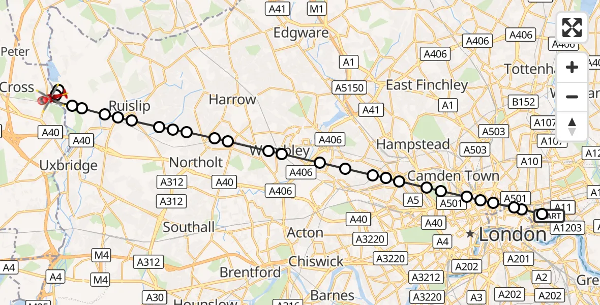 Flight route Air Ambulance Helicopter Royal London Hospital - Denham, 19 September 2026, 11:37