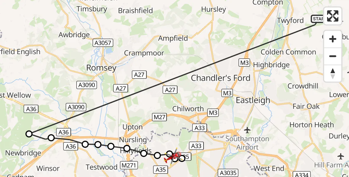 Flight route Air Ambulance Helicopter Winchester - Shirley, 19 September 2026, 11:40