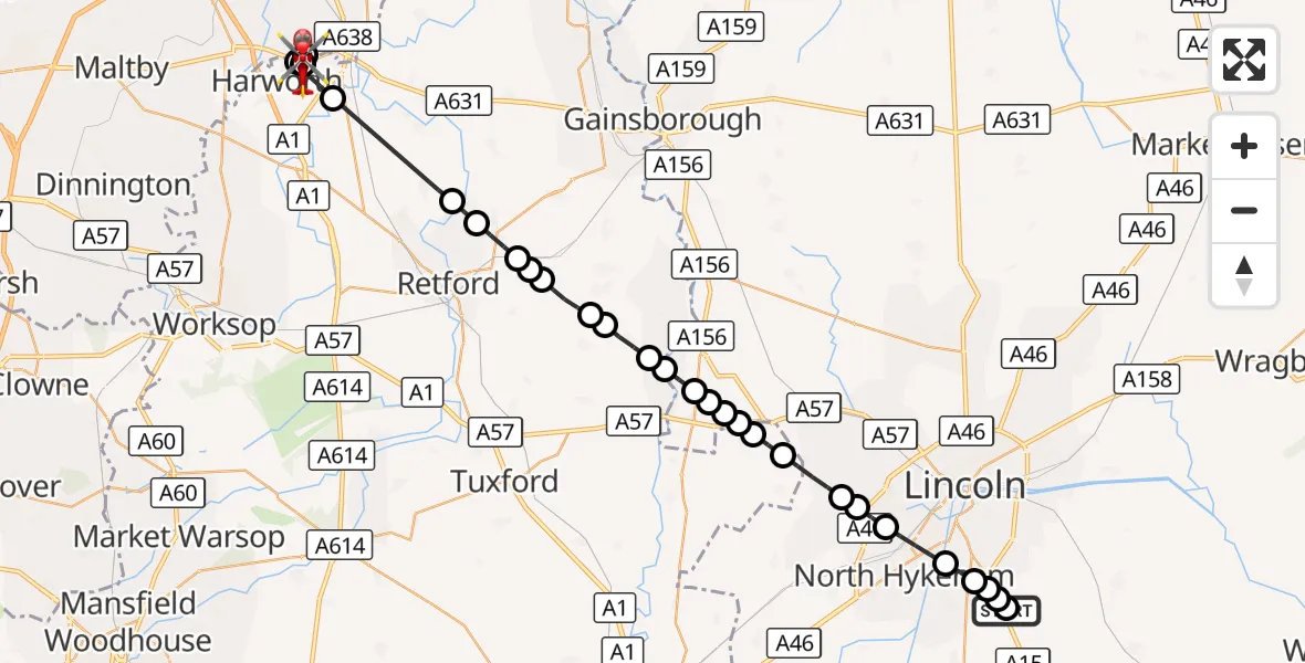Flight route Air Ambulance Helicopter RAF Waddington - Tickhill, 19 September 2026, 11:40