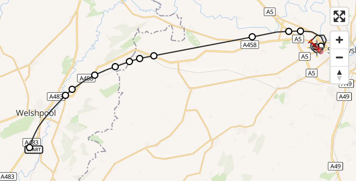 Flight route Air Ambulance Helicopter Welshpool Airport - Shrewsbury, 19 September 2026, 11:48