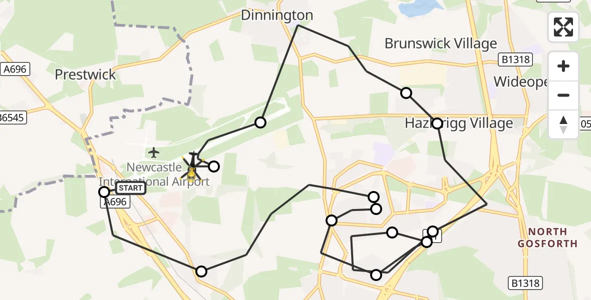 Flight route Police Helicopter Newcastle International Airport - Newcastle International Airport, 19 September 2026, 12:06