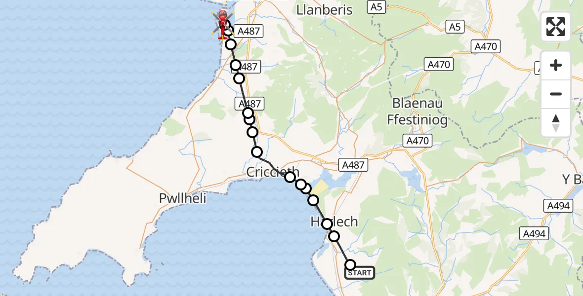 Flight route Air Ambulance Helicopter Dyffryn Ardudwy - Caernarfon Airport, 19 September 2026, 12:13