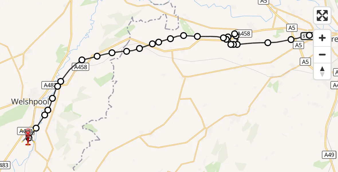Flight route Air Ambulance Helicopter Shrewsbury Royal Hospital - Welshpool Airport, 19 September 2026, 12:15