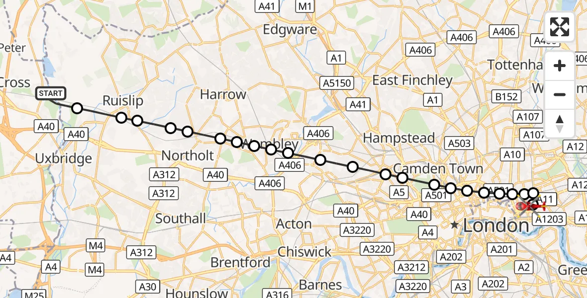 Flight route Air Ambulance Helicopter Denham - Royal London Hospital, 19 September 2026, 12:24