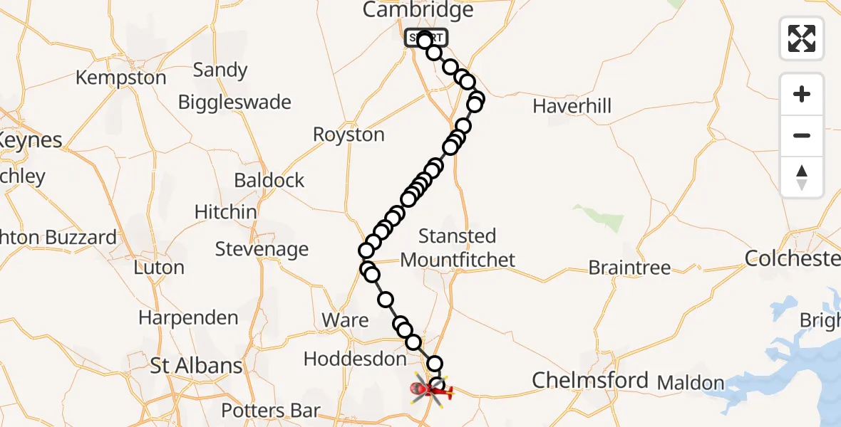 Flight route Air Ambulance Helicopter Papworth Hospital - North Weald Airfield, 19 September 2026, 12:24