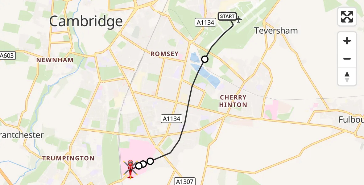 Flight route Air Ambulance Helicopter Cambridge City Airport - Papworth Hospital, 19 September 2026, 12:30