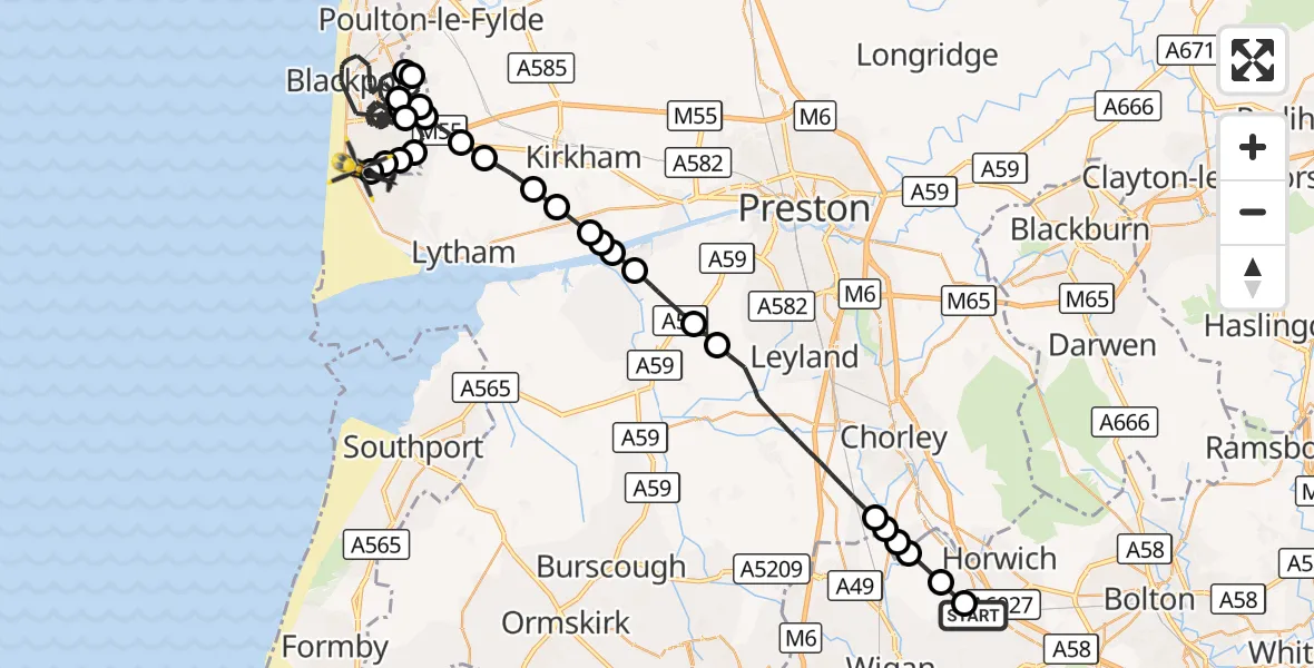 Flight route Police Helicopter Wigan - Blackpool Airport, 19 September 2026, 12:31