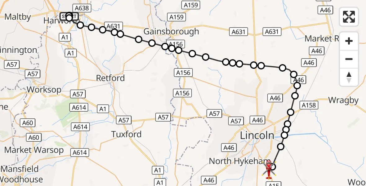 Flight route Air Ambulance Helicopter Bawtry - North Kesteven, 19 September 2026, 12:31