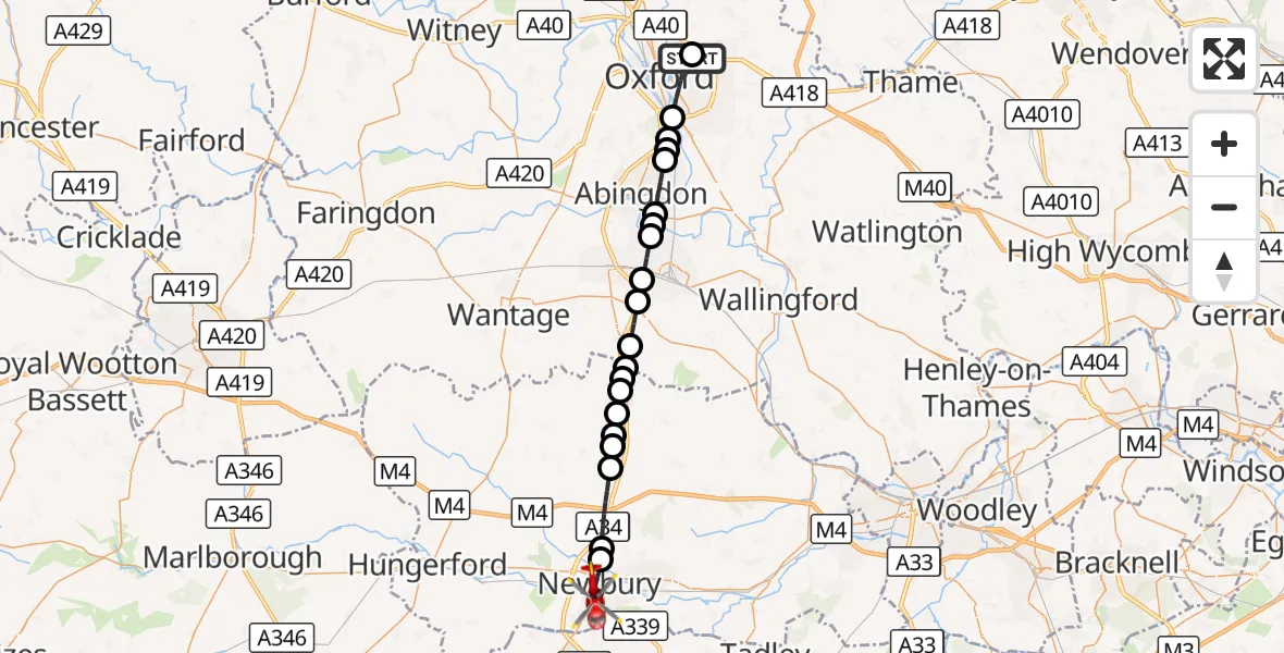 Flight route Air Ambulance Helicopter John Radcliffe Hospital - Newbury, 19 September 2026, 12:32