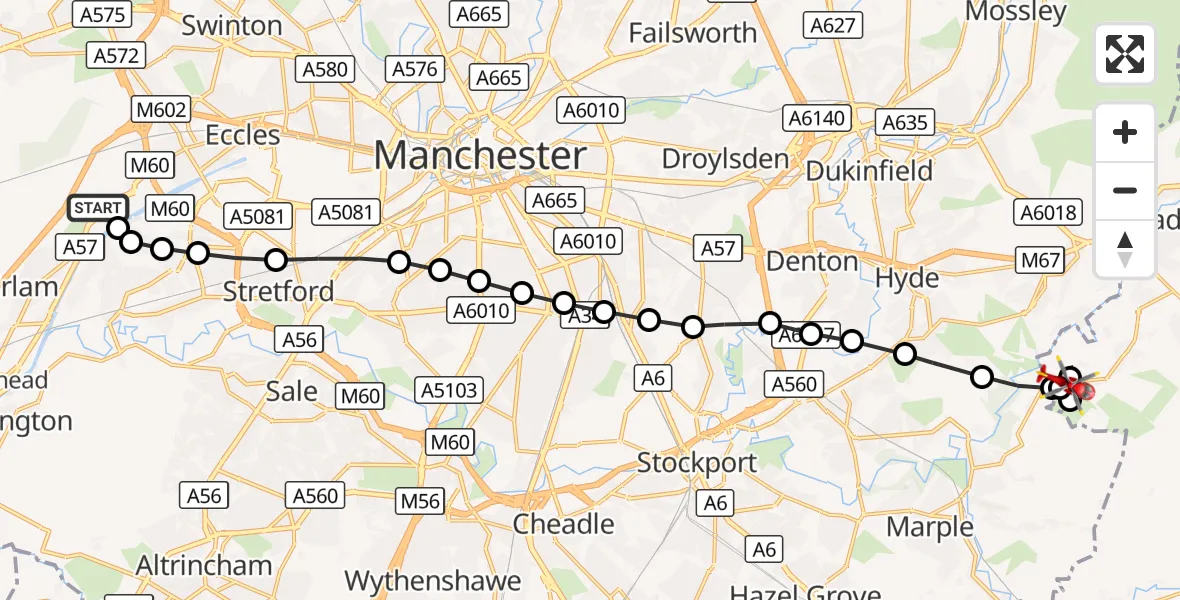 Flight route Air Ambulance Helicopter Manchester Barton Aerodrome - Higher Chisworth, 19 September 2026, 12:33