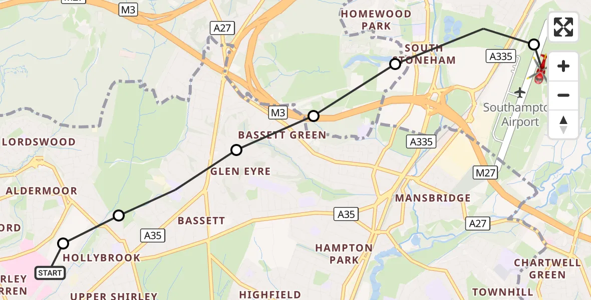 Flight route Air Ambulance Helicopter University Hospital Southampton - Southampton Airport, 19 September 2026, 12:34