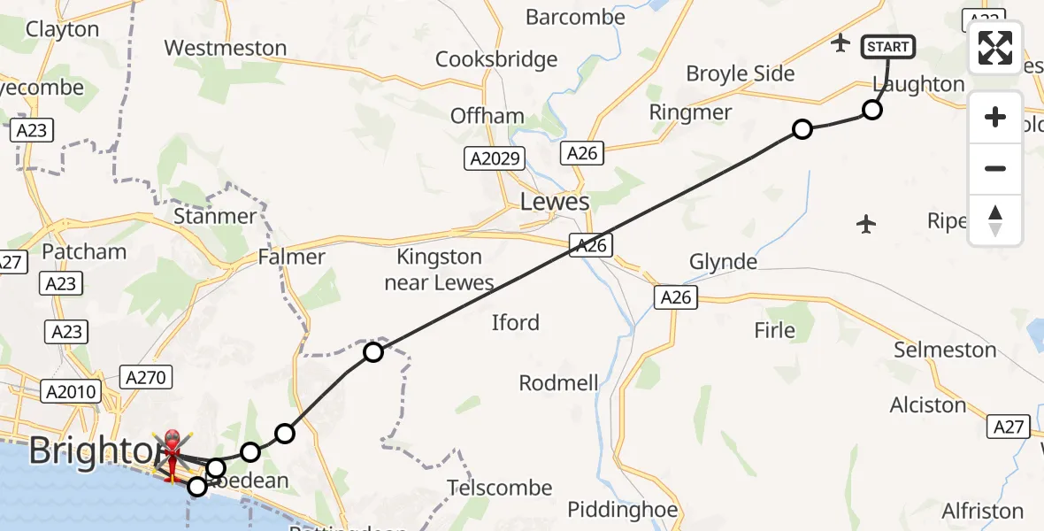 Flight route Air Ambulance Helicopter Lewes - Brighton, 19 September 2026, 12:42