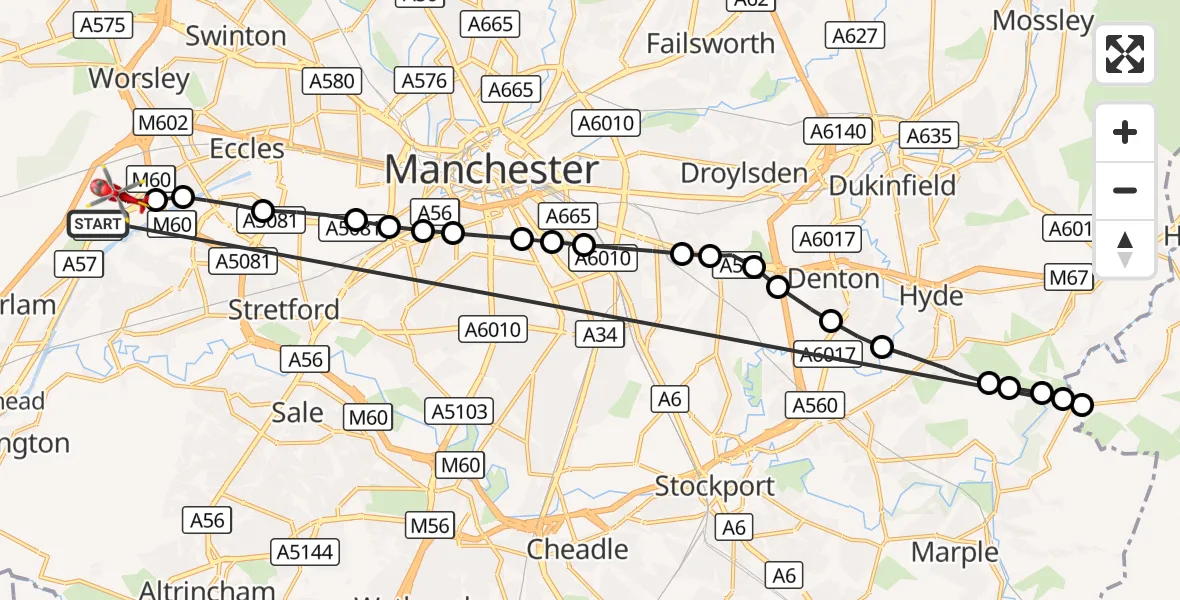 Flight route Air Ambulance Helicopter Manchester Barton Aerodrome - Irlam, 19 September 2026, 12:56