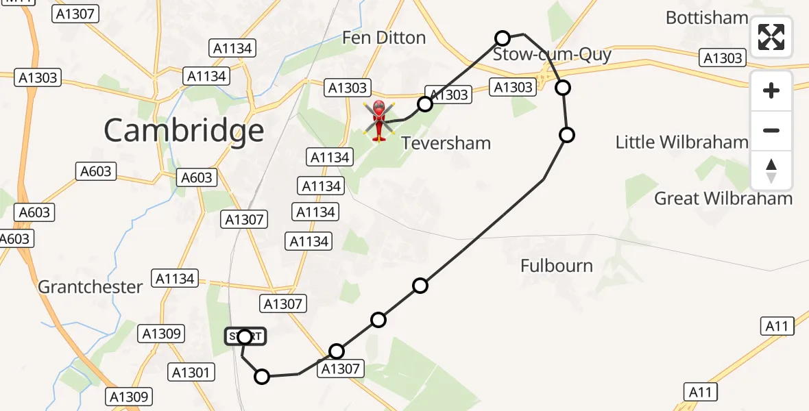 Flight route Air Ambulance Helicopter Papworth Hospital - Cambridge City Airport, 19 September 2026, 12:57