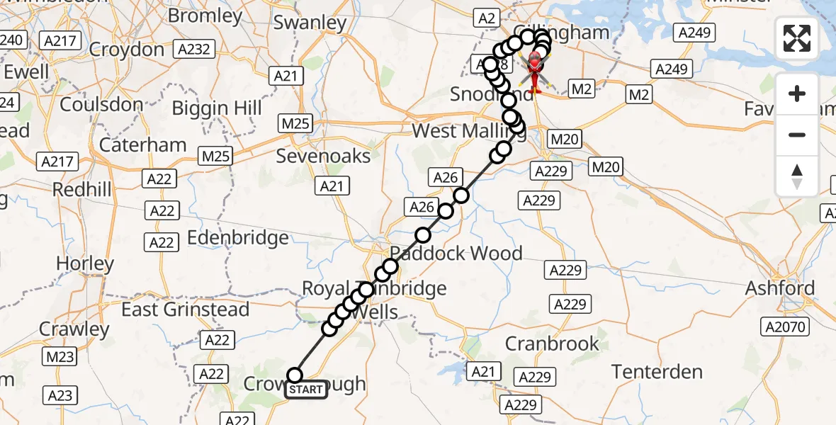 Flight route Air Ambulance Helicopter Crowborough - Rochester Airport, 19 September 2026, 13:06