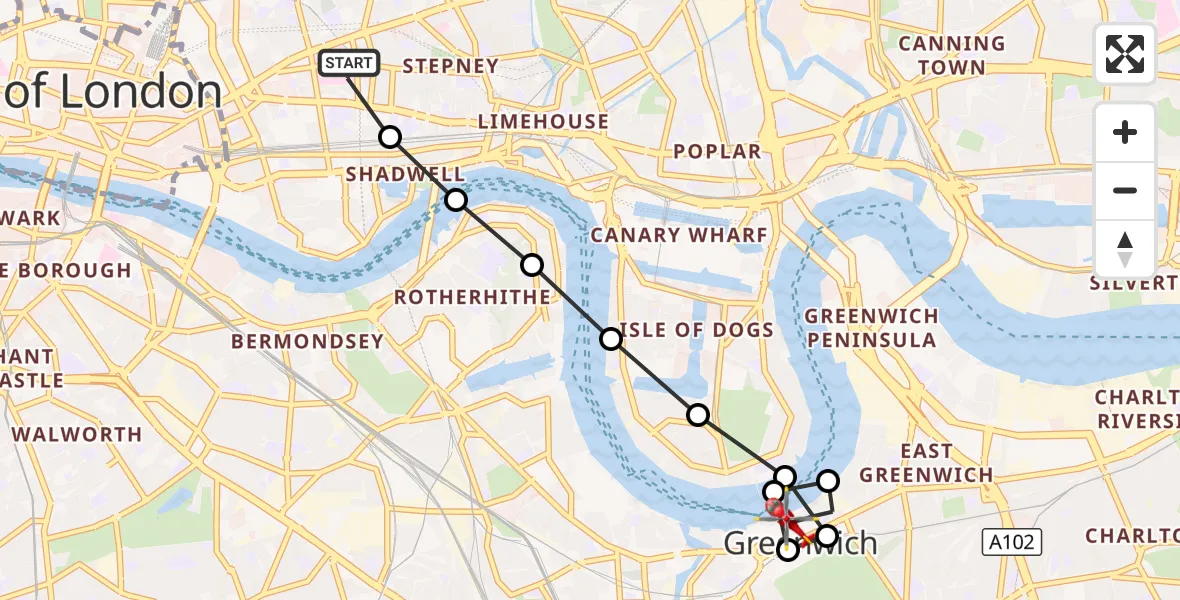 Flight route Air Ambulance Helicopter Royal London Hospital - Isle of Dogs, 19 September 2026, 13:20