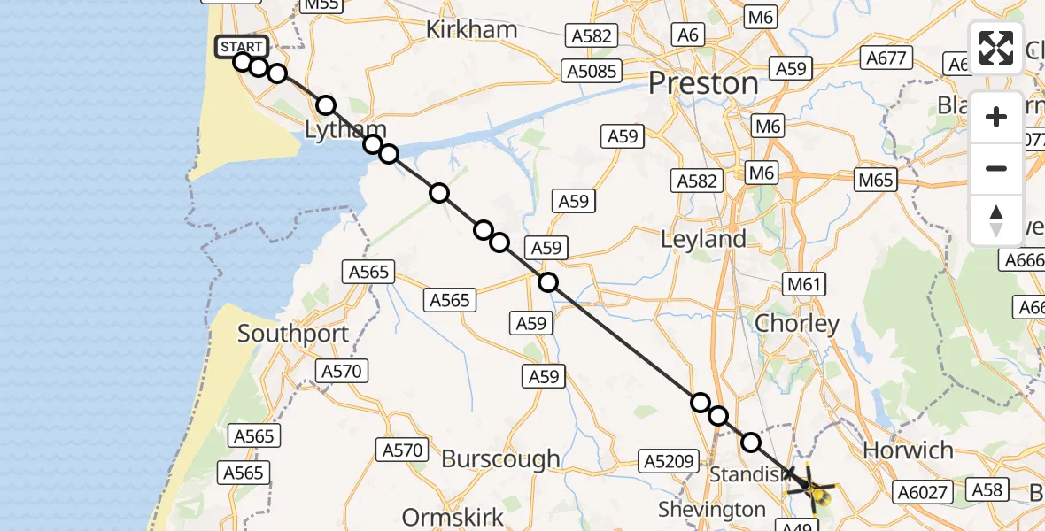 Flight route Police Helicopter Blackpool Airport - Wigan, 19 September 2026, 13:26