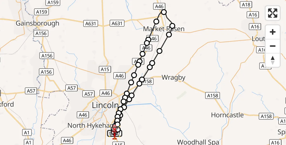 Flight route Air Ambulance Helicopter RAF Waddington - North Kesteven, 19 September 2026, 13:42