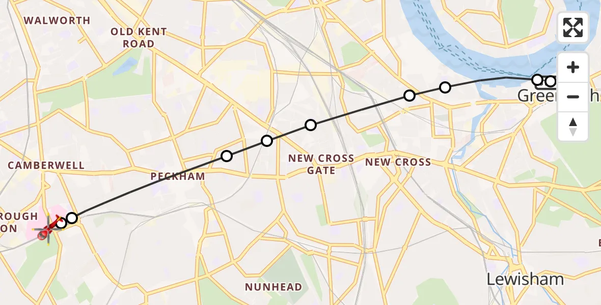 Flight route Air Ambulance Helicopter East Greenwich - Kings College London Hospital, 19 September 2026, 13:43