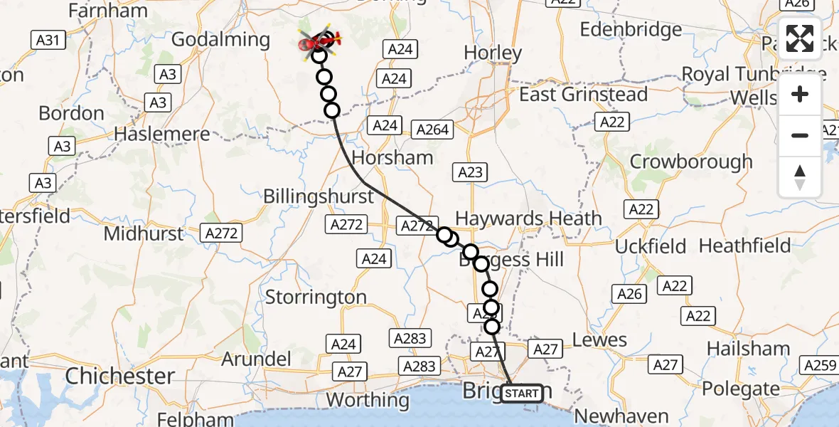 Flight route Air Ambulance Helicopter Brighton - Guildford, 19 September 2026, 13:59