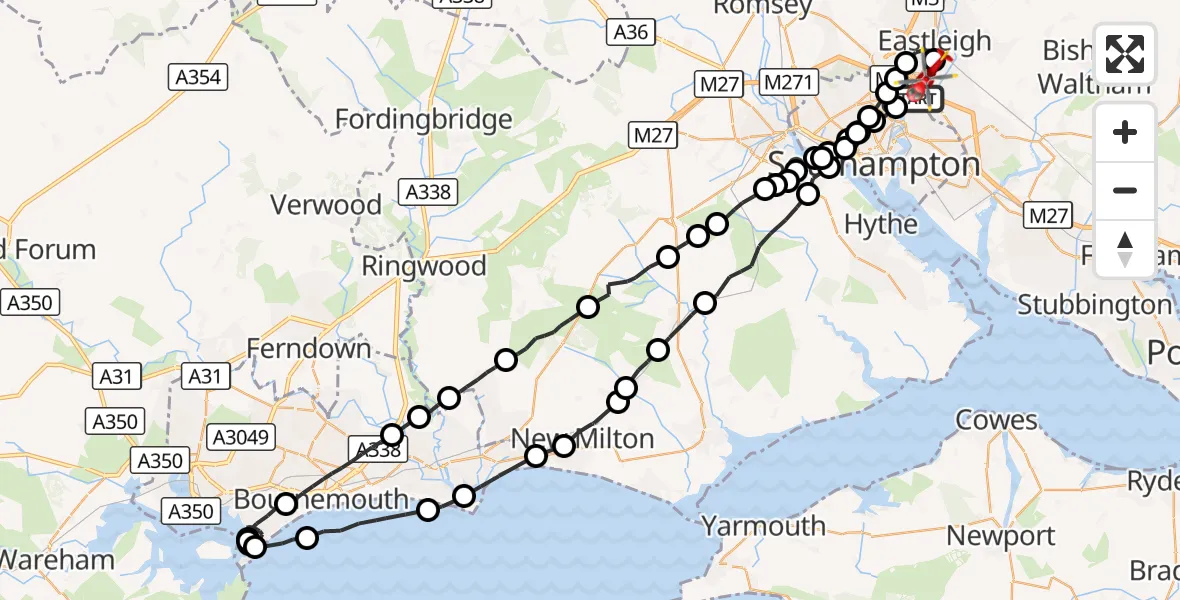 Flight route Air Ambulance Helicopter Mansbridge - Southampton Airport, 19 September 2026, 14:11