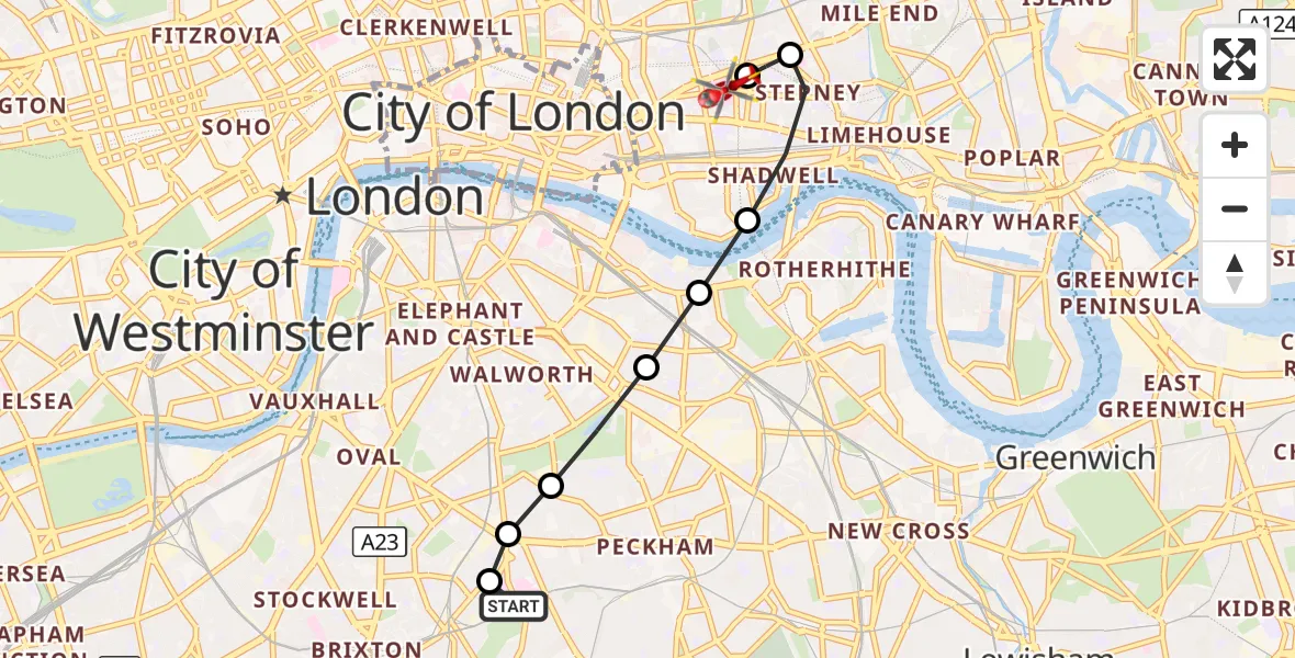 Flight route Air Ambulance Helicopter Kings College London Hospital - Royal London Hospital, 19 September 2026, 14:14