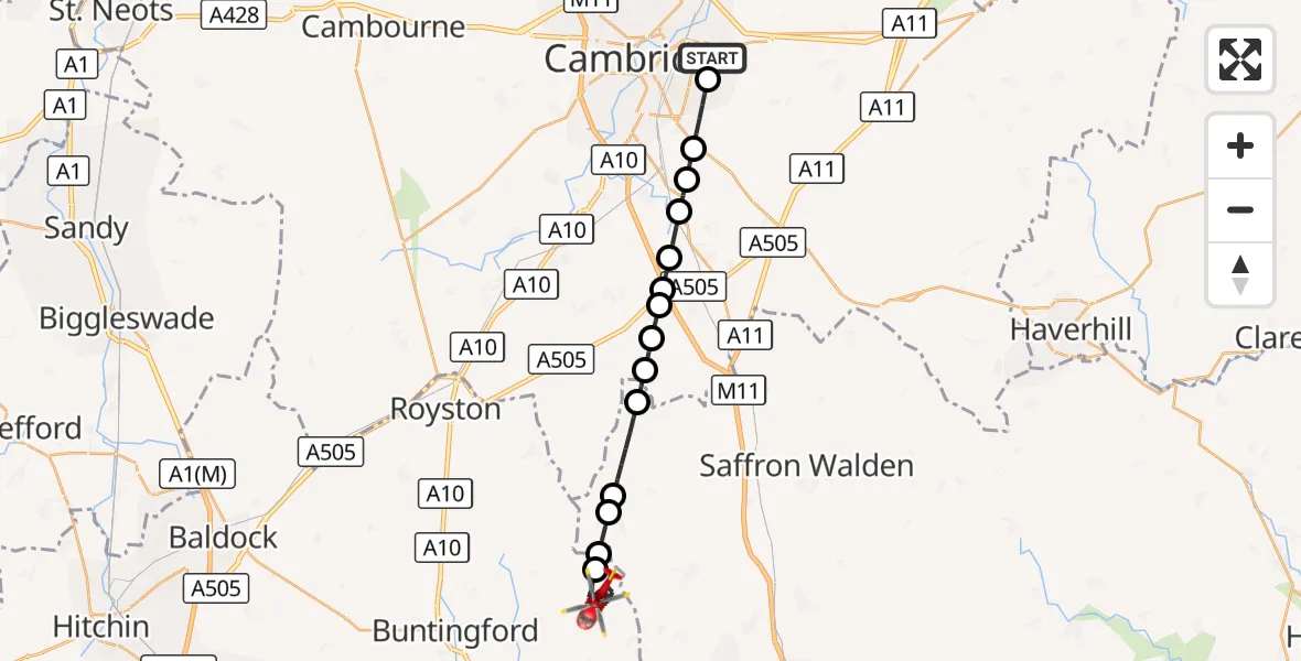 Flight route Air Ambulance Helicopter Cambridge City Airport - Brent Pelham, 19 September 2026, 14:20
