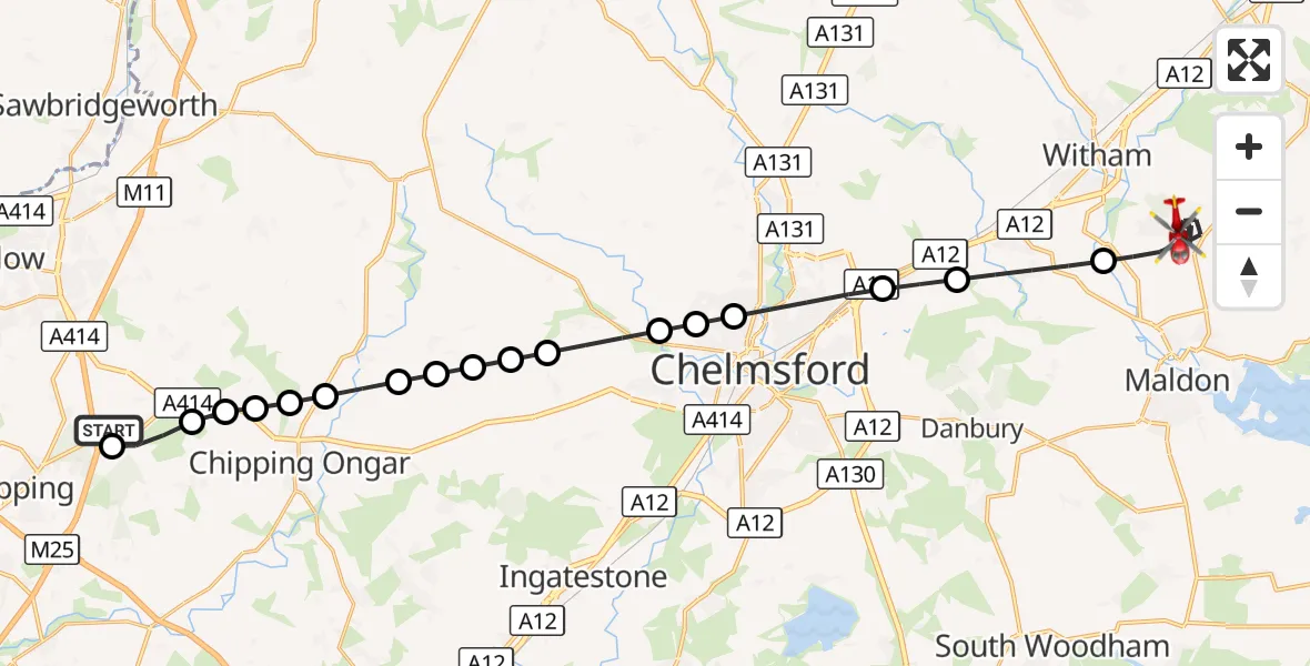 Flight route Air Ambulance Helicopter North Weald Airfield - Maldon, 19 September 2026, 14:26