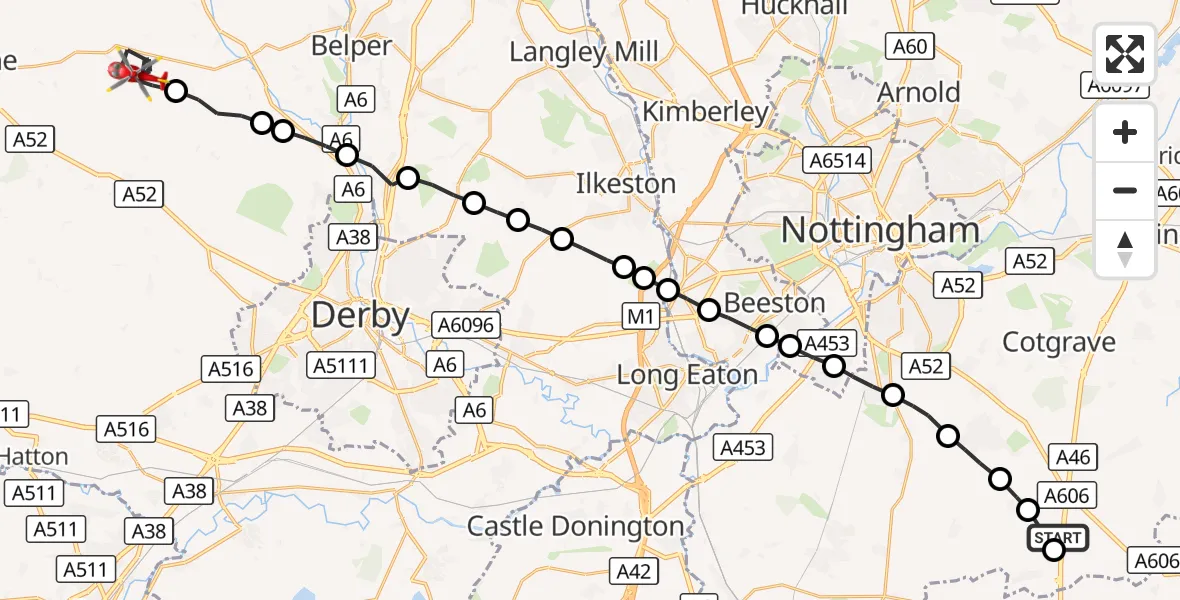 Flight route Air Ambulance Helicopter Nottingham Heliport - Hulland Ward CP, 19 September 2026, 14:31