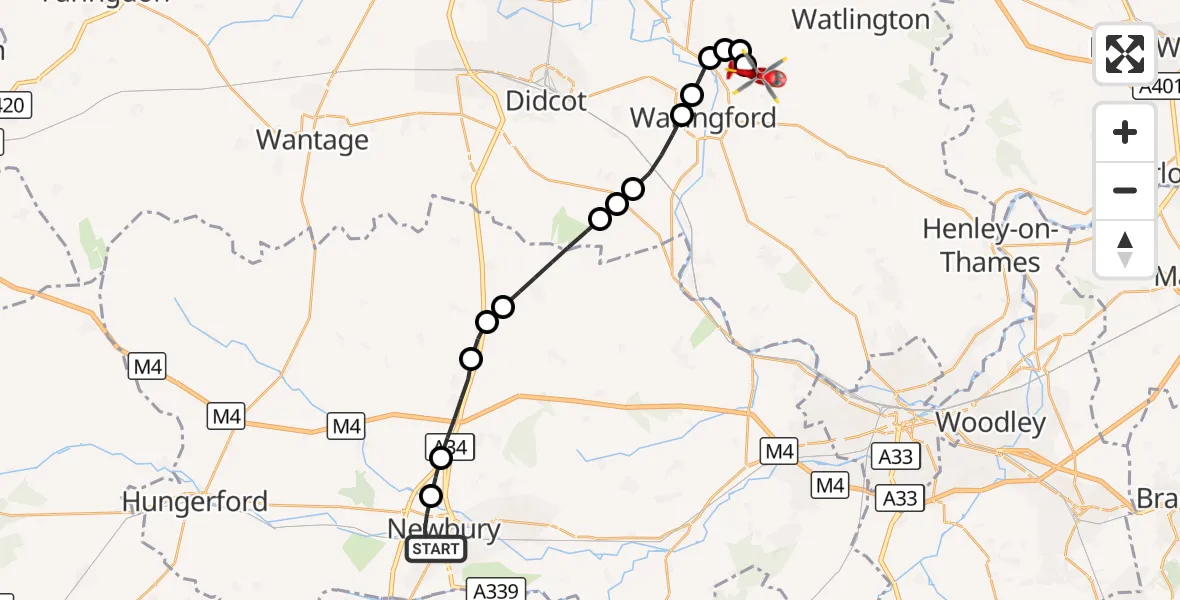 Flight route Air Ambulance Helicopter Newbury - RAF Benson, 19 September 2026, 14:37