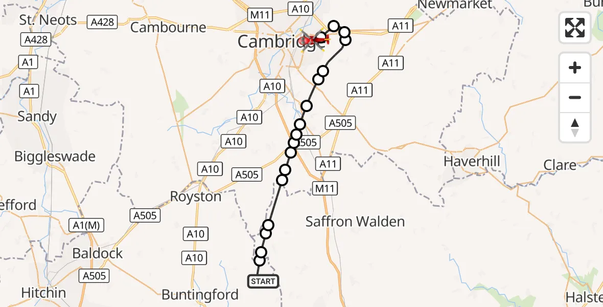 Flight route Air Ambulance Helicopter Brent Pelham - Cambridge City Airport, 19 September 2026, 15:10