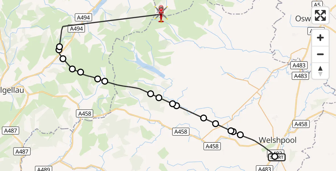 Flight route Air Ambulance Helicopter Welshpool Airport - Llangynog, 19 September 2026, 15:17