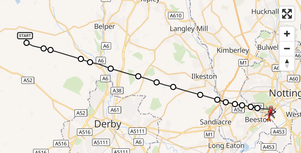 Flight route Air Ambulance Helicopter Hulland - City of Nottingham, 19 September 2026, 15:17