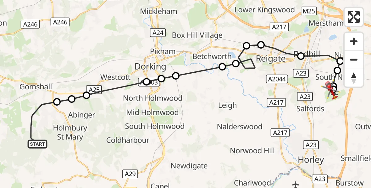 Flight route Air Ambulance Helicopter Guildford - Redhill Aerodrome, 19 September 2026, 15:19