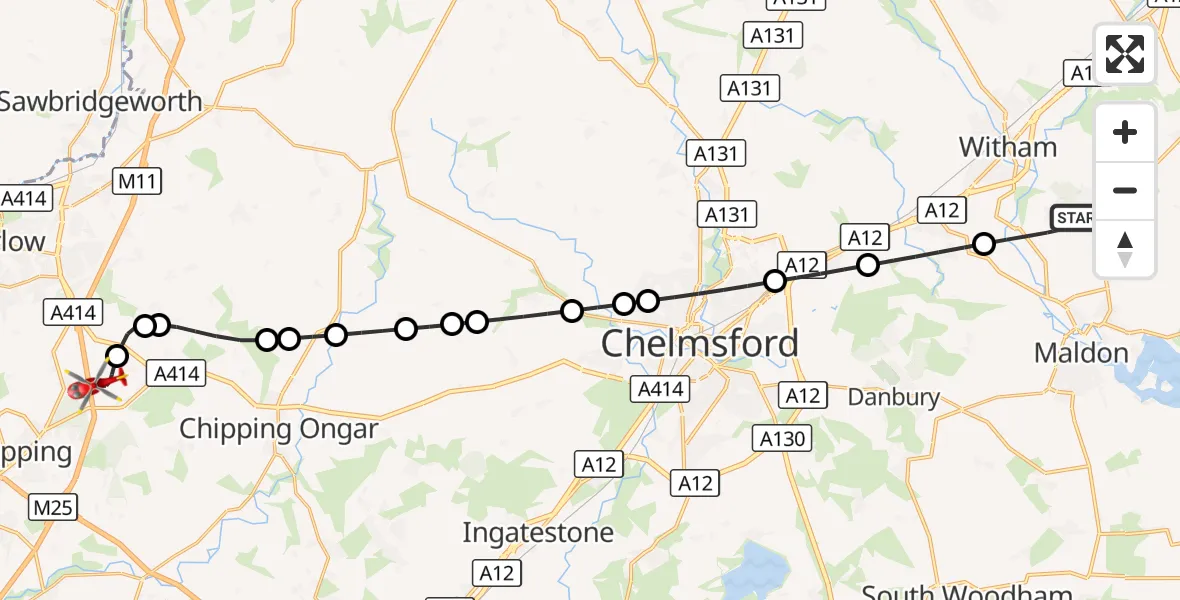 Flight route Air Ambulance Helicopter Maldon - North Weald Airfield, 19 September 2026, 15:23