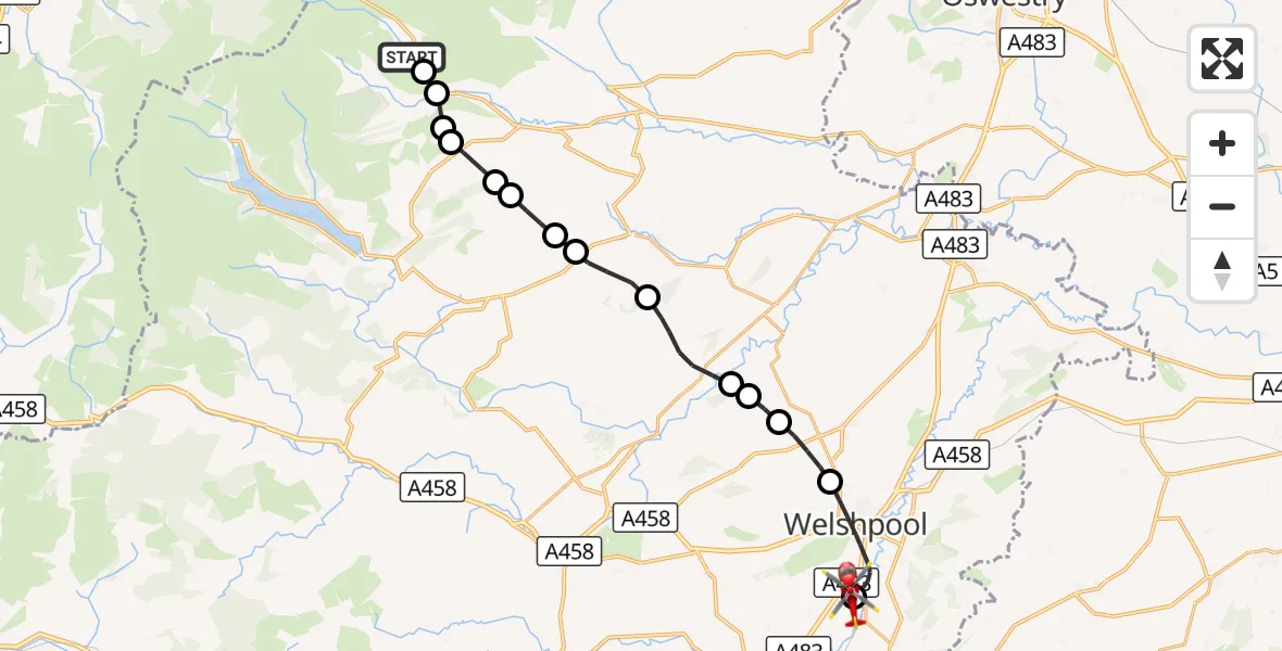 Flight route Air Ambulance Helicopter Llangynog - Welshpool Airport, 19 September 2026, 15:43
