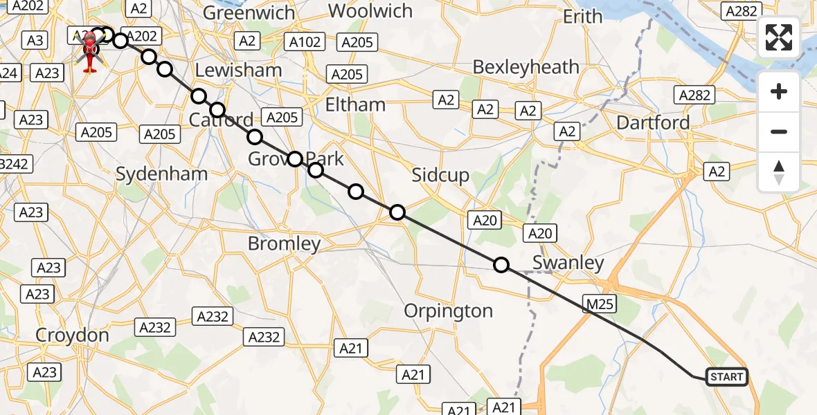 Flight route Air Ambulance Helicopter Sevenoaks - Kings College London Hospital, 19 September 2026, 15:52