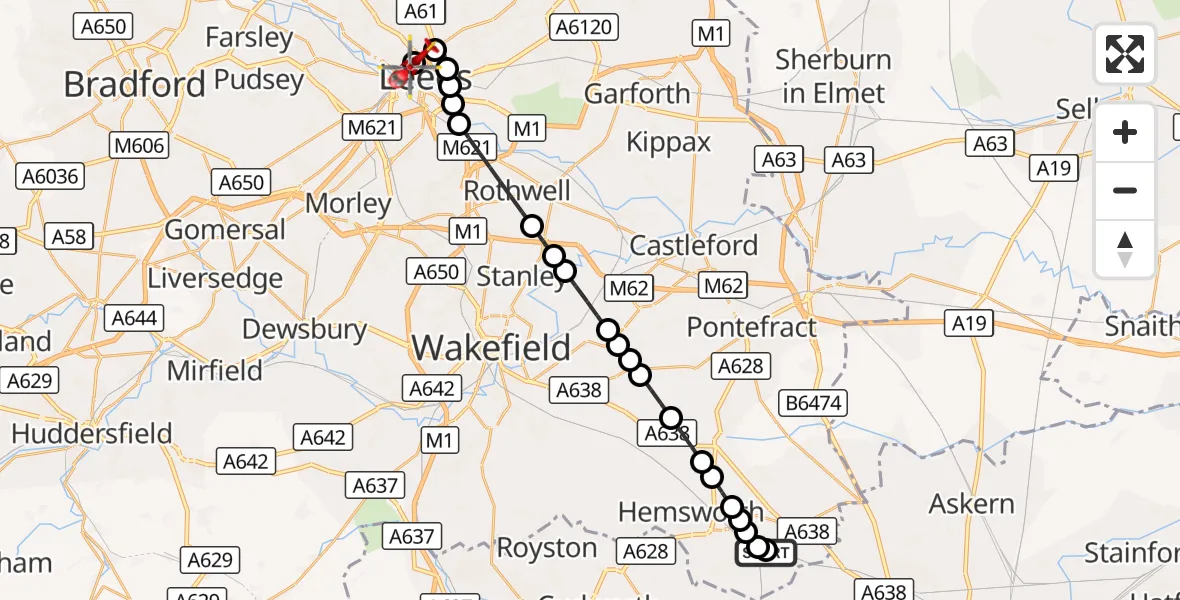 Flight route Air Ambulance Helicopter North Elmsall - Hyde Park, 19 September 2026, 16:11