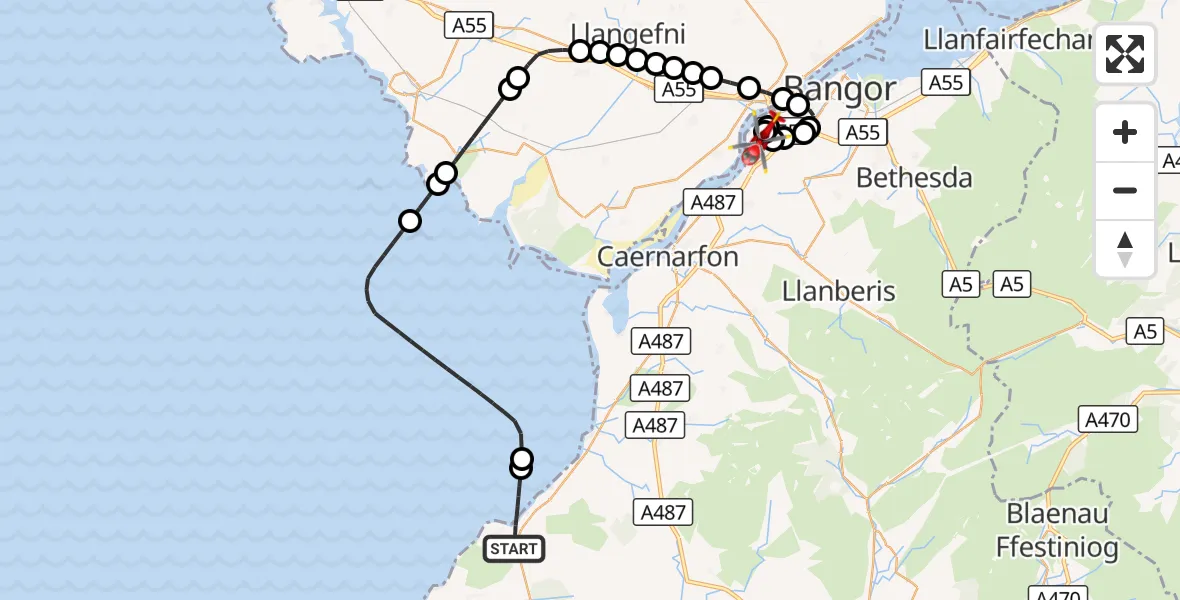 Flight route Air Ambulance Helicopter Trefor - Aber Pwll, 19 September 2026, 16:15