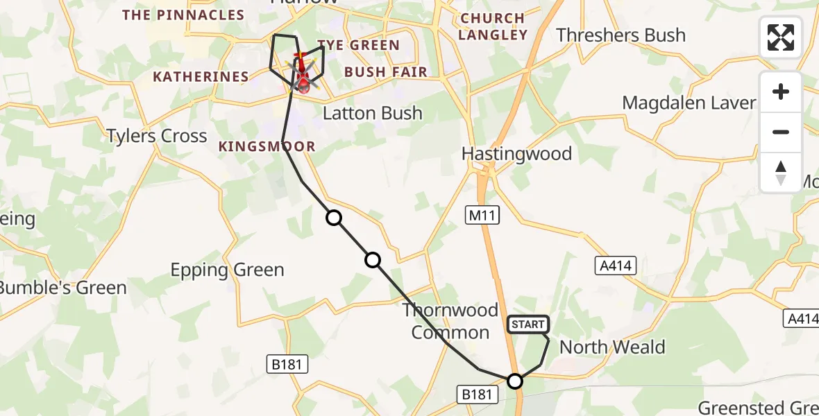 Flight route Air Ambulance Helicopter North Weald Airfield - Harlow, 19 September 2026, 16:22
