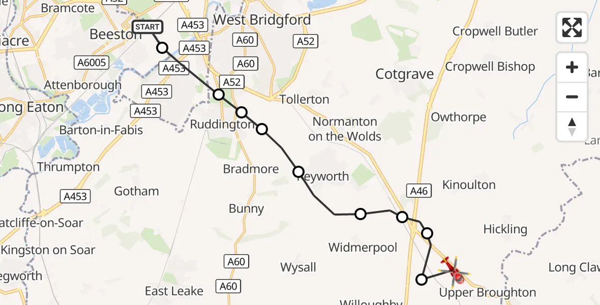 Flight route Air Ambulance Helicopter Beeston - Upper Broughton, 19 September 2026, 16:22