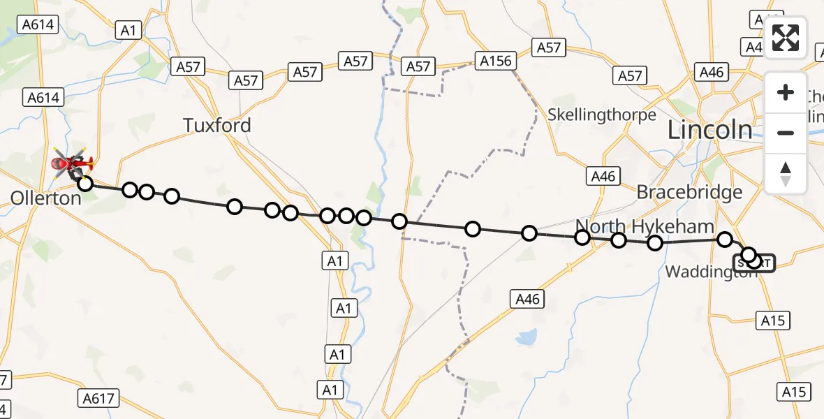 Flight route Air Ambulance Helicopter RAF Waddington - New Ollerton, 19 September 2026, 16:42