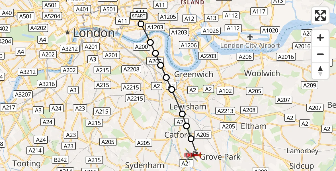 Flight route Air Ambulance Helicopter Royal London Hospital - Catford South, 19 September 2026, 16:57