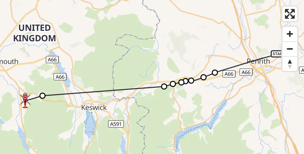 Flight route Air Ambulance Helicopter Penrith - High Lorton, 19 September 2026, 17:01