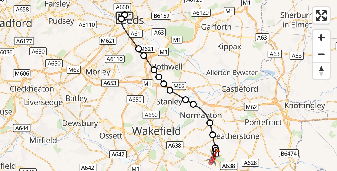 Flight route Air Ambulance Helicopter Woodhouse - YAA Nostell Helicopter Port, 19 September 2026, 17:05
