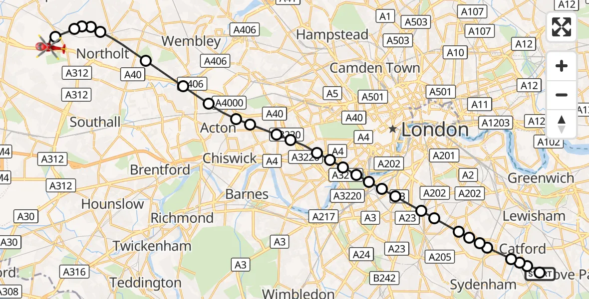 Flight route Air Ambulance Helicopter Southend - RAF Northolt, 19 September 2026, 17:31