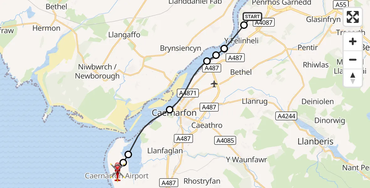 Flight route Air Ambulance Helicopter Aber Pwll - Caernarfon Airport, 19 September 2026, 17:32