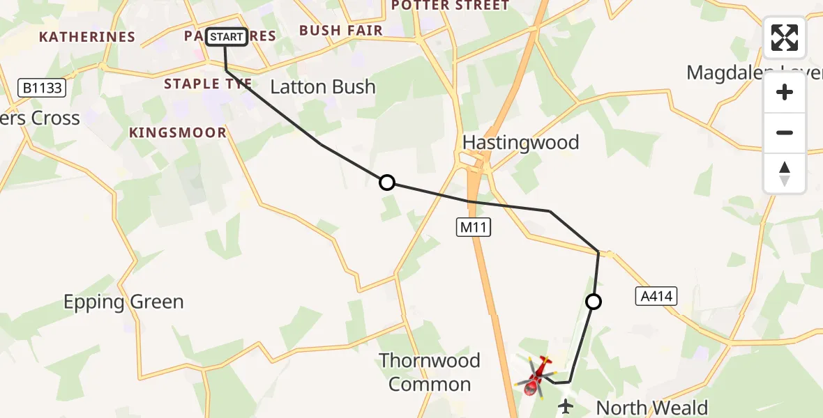 Flight route Air Ambulance Helicopter Harlow - North Weald Airfield, 19 September 2026, 17:45