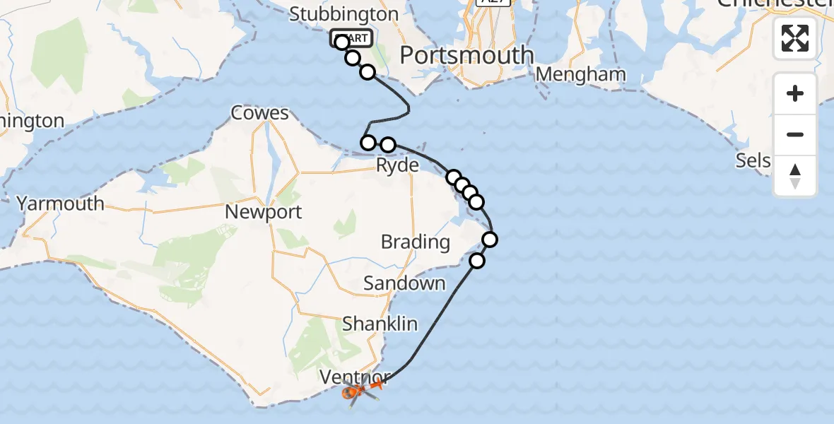 Flight route Coastguard Helicopter Solent Airport - English Channel, 19 September 2026, 18:34