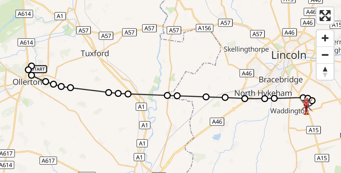 Flight route Air Ambulance Helicopter New Ollerton - North Kesteven, 19 September 2026, 18:40